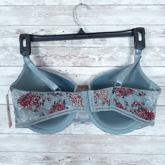 XOXO Womens Padded Push Up Bra 42D Gray Pink Floral Lace Edge 927 - Picture 2 of 4